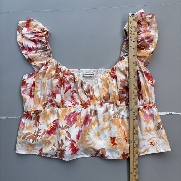 Abercrombie & Fitch Top Size XL Ruffle Poplin Floral Babydoll Smocked Tropical - Picture 4 of 7